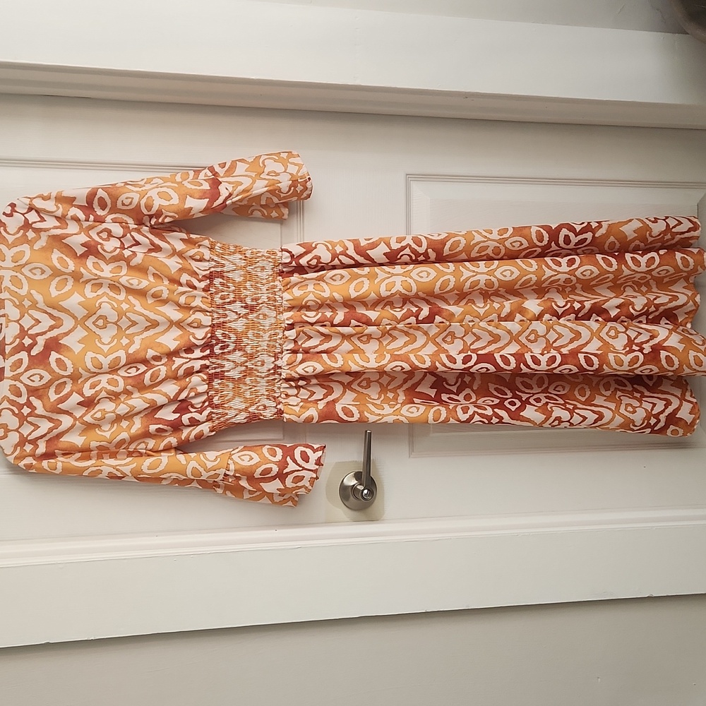 Boho Smocked Midi Dress | Peach & Cream V-Neck Flowy Dress - Picture 3 of 4